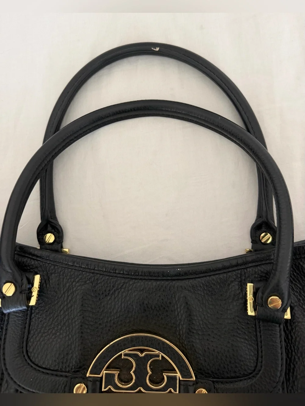 Tory Burch Black Leather Shoulder Tote with Gold Logo